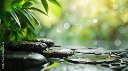 zen stones with bamboo leaves background backdrop for product placement