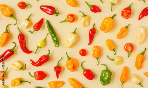 Wallpaper Mural Top view of hot peppers on a pastel yellow background Torontodigital.ca