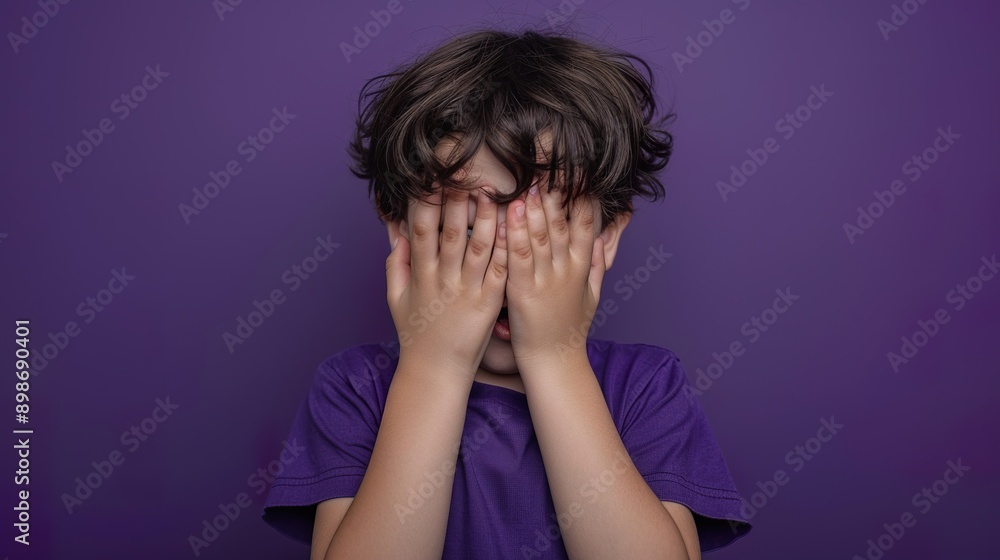 A boy in a purple shirt is playfully covering his face with his hands, making a silly face as if he's embarrassed. The deep purple background adds a fun and engaging touch to his expression A boy in a purple shirt is playfully covering his face with his hands, making a silly face as if he's embarrassed. The deep purple background adds a fun and engaging touch to his expression