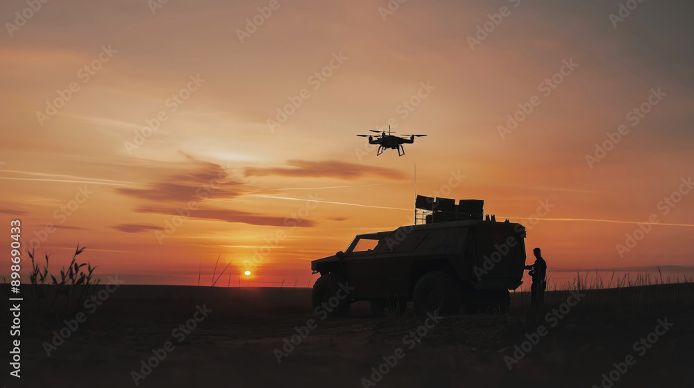 Fototapeta premium Silhouette of drone, military vehicle, and soldier at sunset, unmanned aircraft concept