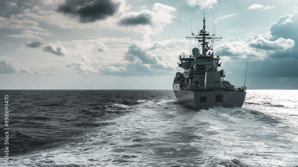 Navy warship sailing through open sea under cloudy sky, leaving wake in water, powerful vessel concept Navy warship sailing through open sea under cloudy sky, leaving wake in water, powerful vessel concept