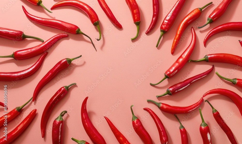 Top view of a mixed chili peppers, arranged in a sunburst pattern on a pink background Top view of a mixed chili peppers, arranged in a sunburst pattern on a pink background