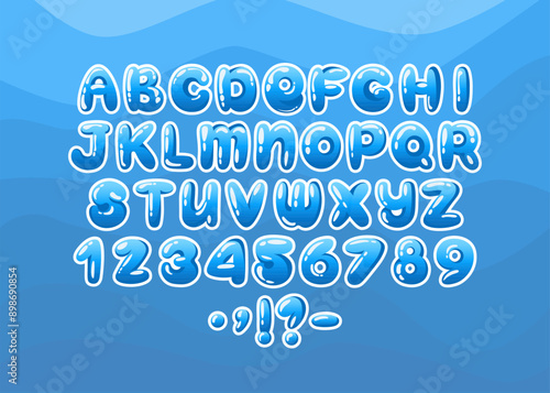 Cartoon Bubble Alphabet. Water plump font with letters, numbers and punctuation in blue color. Shiny drops of water on the blue waves background. Perfect for water-themed summer projects and typograph