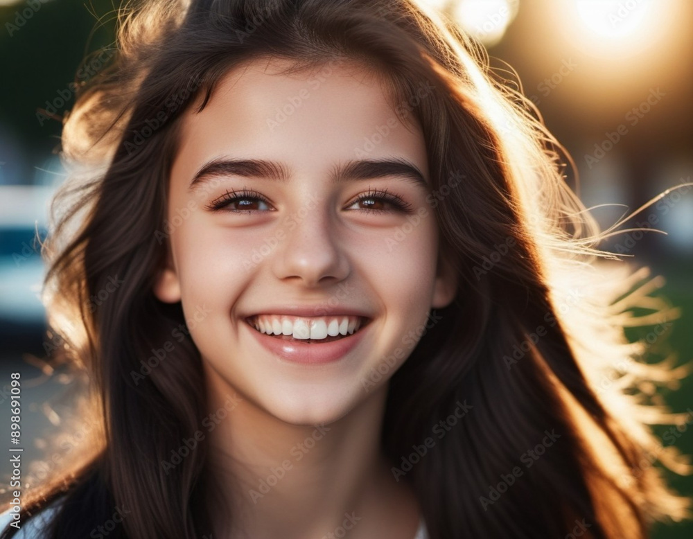 A portrait of young woman with long brown hair, smiling brightly. The sun shines on her face, highlighting her white teeth and happy expression. Brown eyes, dark skin, tousled dark hair. AI generated A portrait of young woman with long brown hair, smiling brightly. The sun shines on her face, highlighting her white teeth and happy expression. Brown eyes, dark skin, tousled dark hair. AI generated