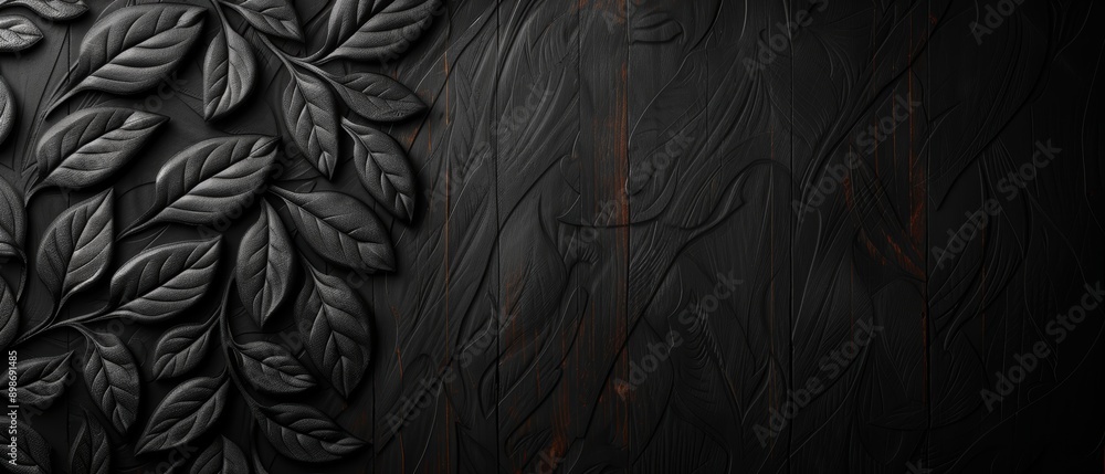  A black backdrop featuring a cluster of leaves in the image's core, surrounded by a wooden floor texture behind