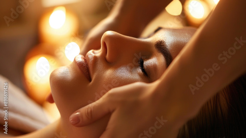 Wallpaper Mural woman receiving a face massage session closeup in spa center with bokeh background Torontodigital.ca
