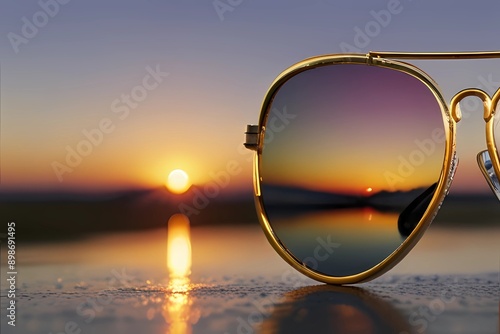 Wallpaper Mural Sunglasses Sunset. Gold rimmed mirrored sunglasses reflecting sunset and airplane on a white background
 Torontodigital.ca