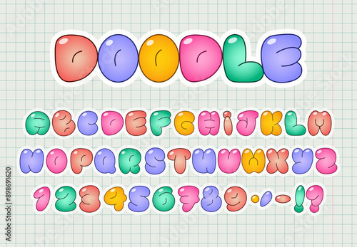 Cartoon Bubble Alphabet. Colorful Doodle Font. Plump letters and numbers on a graph paper background. Playful, rounded font with glossy effect. Perfect for child designs, educational materials. Vector