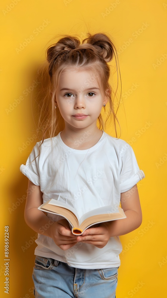 Portrait of cute little girl book look empty space wear Portrait of cute little girl book look empty space wear