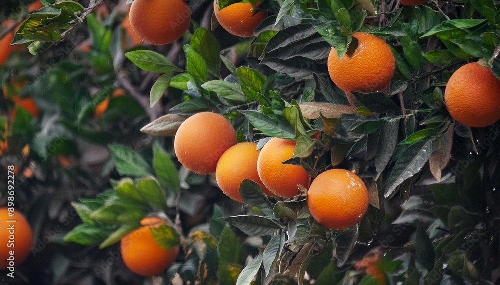 A detailed look at navels oranges growing on a tree A detailed look at navels oranges growing on a tree