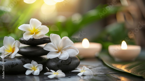 spa still life background with copy space with stones, candles and flowers orchid, morning sunrise in the bokeh background