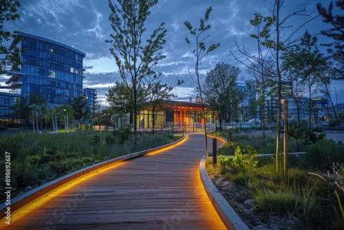 A wooden walkway illuminated by streetlights in a serene park environment, ideal for evening strolls or romantic getaways © Fotograf