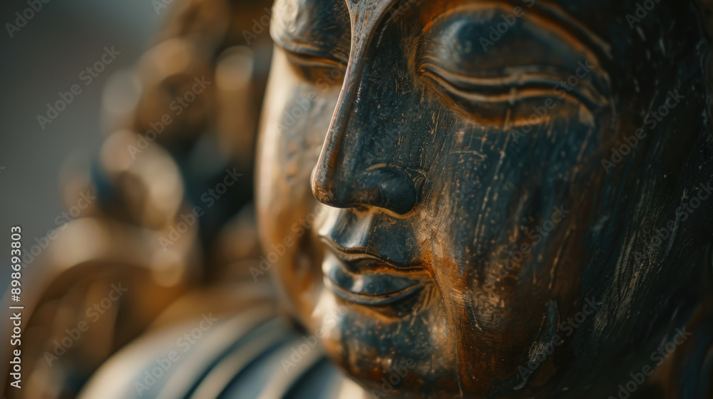 Close-up of detailed buddha statue face in focus with gentle bokeh and warm light Close-up of detailed buddha statue face in focus with gentle bokeh and warm light