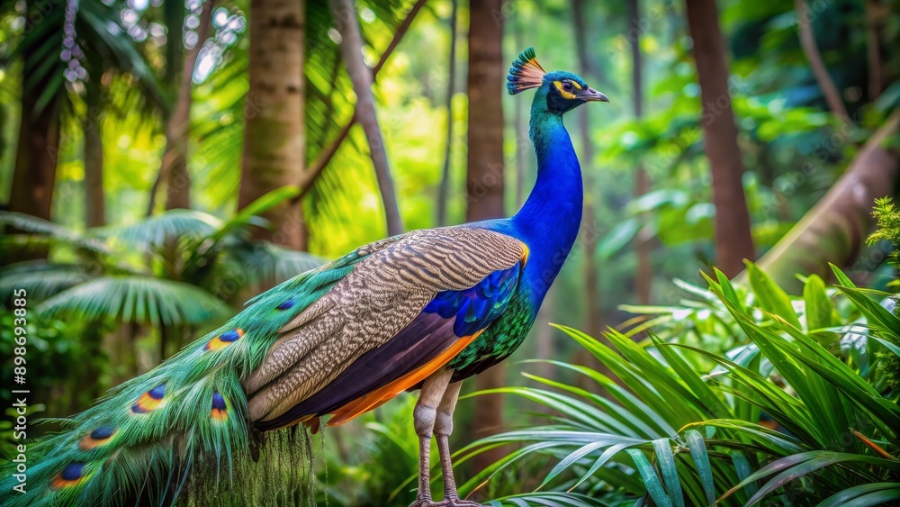 Peacock in Tropical Foliage - A Vibrant Portrait, Jungle, Bird, Feathers, Peacock Peacock in Tropical Foliage - A Vibrant Portrait, Jungle, Bird, Feathers, Peacock