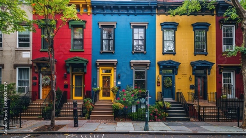 Colorful row houses with vibrant facades in a picturesque urban neighborhood.