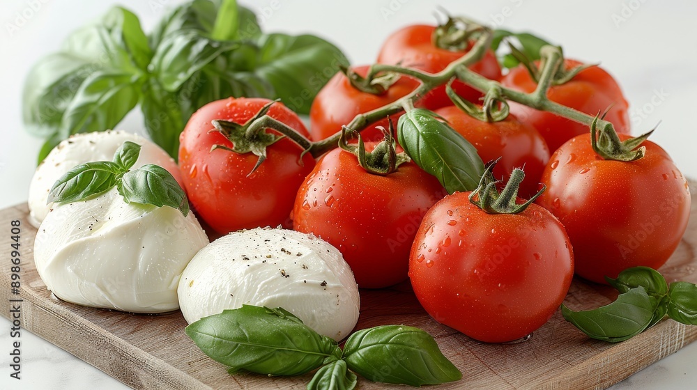 Fresh tomatoes and mozzarella cheese with basil leaves are sitting on wooden cutting board, composing a fresh and healthy dish Fresh tomatoes and mozzarella cheese with basil leaves are sitting on wooden cutting board, composing a fresh and healthy dish