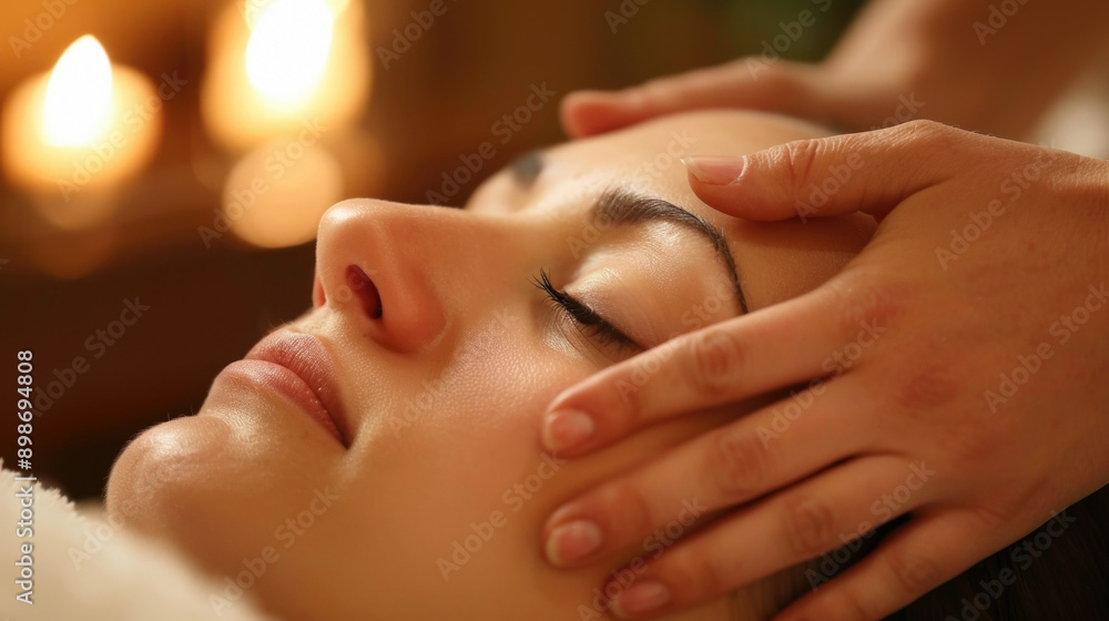 Naklejka premium Face massage session closeup in spa center with bokeh background