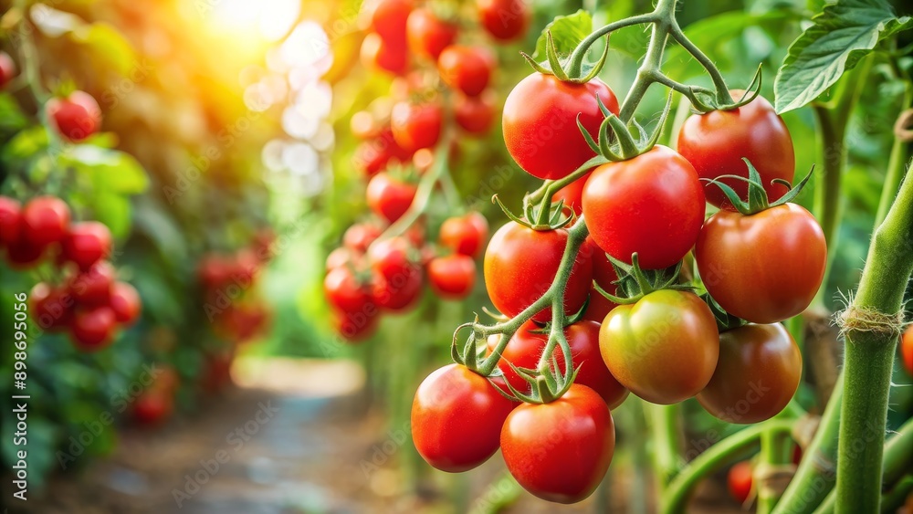Ripe Tomatoes on Vine in Greenhouse, Sunlight, Closeup, Green Leaves, Red, Tomato, Vine Ripe Tomatoes on Vine in Greenhouse, Sunlight, Closeup, Green Leaves, Red, Tomato, Vine