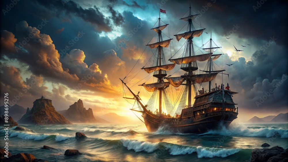 Sailing into the Sunset, Digital Painting, Tall Ship, Dramatic Clouds, Sea , sailboat, ship Sailing into the Sunset, Digital Painting, Tall Ship, Dramatic Clouds, Sea , sailboat, ship
