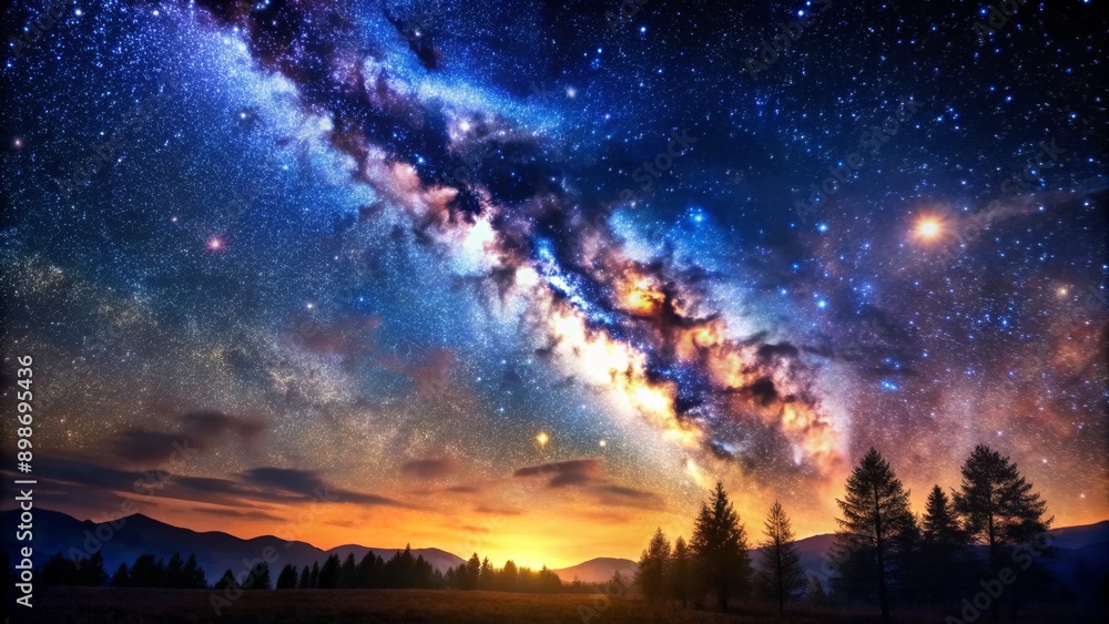 Fototapeta premium Silhouetted Pines Witnessing the Milky Way's Cosmic Majesty, Night Sky, Starry Night, Milky Way Galaxy, Stars