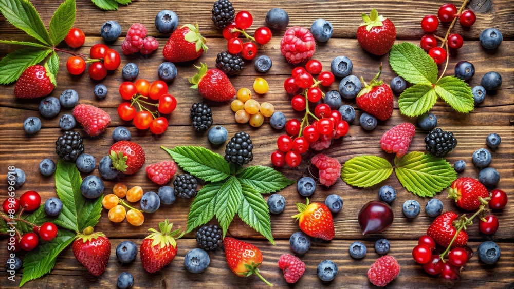 Summer Berries and Fruit on Wooden Background, Blueberries, Blackberries, Raspberries, Strawberries, Red Currant, Summer Summer Berries and Fruit on Wooden Background, Blueberries, Blackberries, Raspberries, Strawberries, Red Currant, Summer
