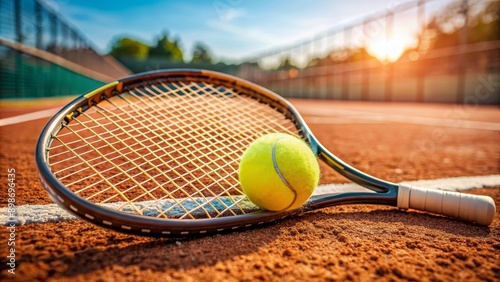 Tennis Racket and Ball on Clay Court at Sunset, tennis, court, sports, racket