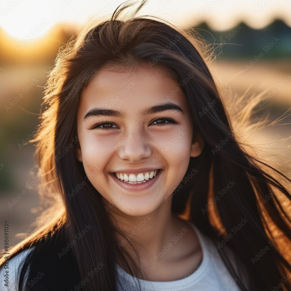 A portrait of young woman with long brown hair, smiling brightly. The sun shines on her face, highlighting her white teeth and happy expression. Brown eyes, dark skin, tousled dark hair. AI generated A portrait of young woman with long brown hair, smiling brightly. The sun shines on her face, highlighting her white teeth and happy expression. Brown eyes, dark skin, tousled dark hair. AI generated