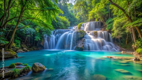 Tranquil Waterfall Cascading Through Lush Green Forest, Long Exposure Photography, Serene Nature Scene, Vibrant Colors, Waterfalls, Thailand, Landscape