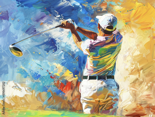 Golfer Swinging Club Abstract Painting