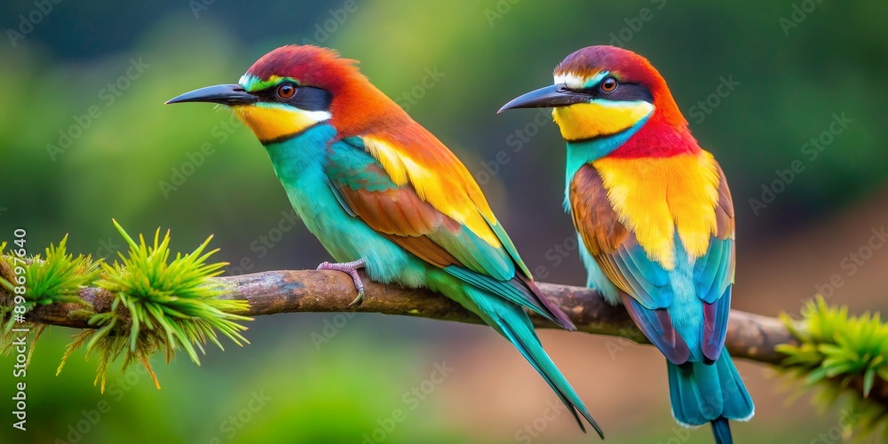 Two Vibrant Rainbow Bee-eaters Perched on a Branch, Birds, Nature, Wildlife, Photography, Colorful Feathers Two Vibrant Rainbow Bee-eaters Perched on a Branch, Birds, Nature, Wildlife, Photography, Colorful Feathers