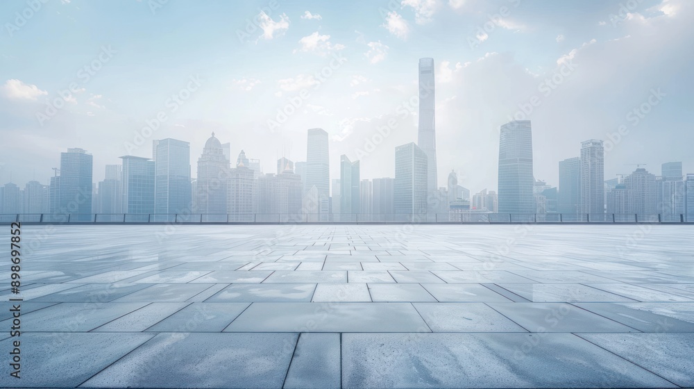 Empty square floor illustration with city skyline background, Cityscape with modern architecture in urban panorama. AI generated image Empty square floor illustration with city skyline background, Cityscape with modern architecture in urban panorama. AI generated image
