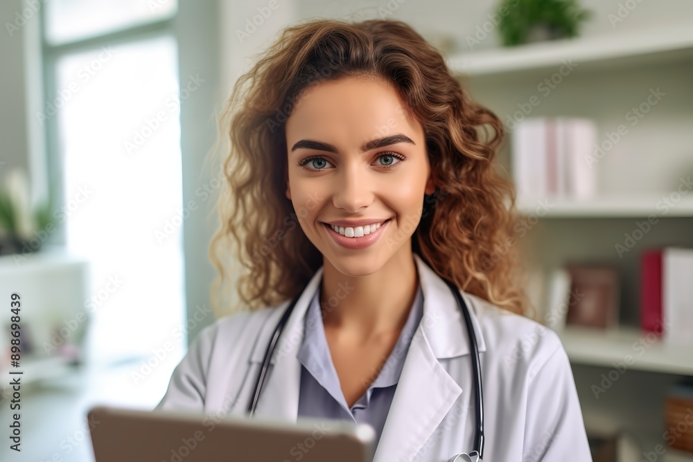 A very detailed image of a smiling female doctor holding a tablet in a doctors office with a patient high glossy photography. A very detailed image of a smiling female doctor holding a tablet in a doctors office with a patient high glossy photography.
