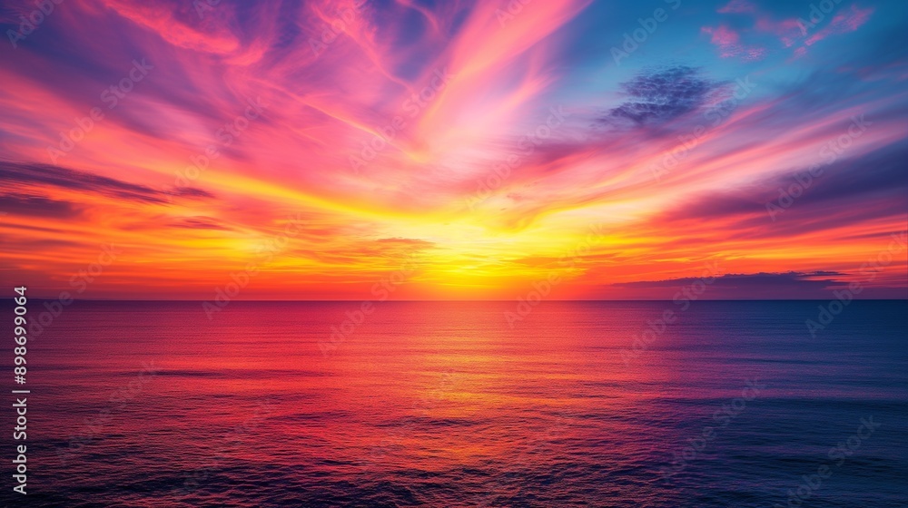 A picturesque summer sunset over a tranquil ocean, with vivid hues of orange, pink, and purple painting the sky, ideal for a vibrant wallpaper. A picturesque summer sunset over a tranquil ocean, with vivid hues of orange, pink, and purple painting the sky, ideal for a vibrant wallpaper.