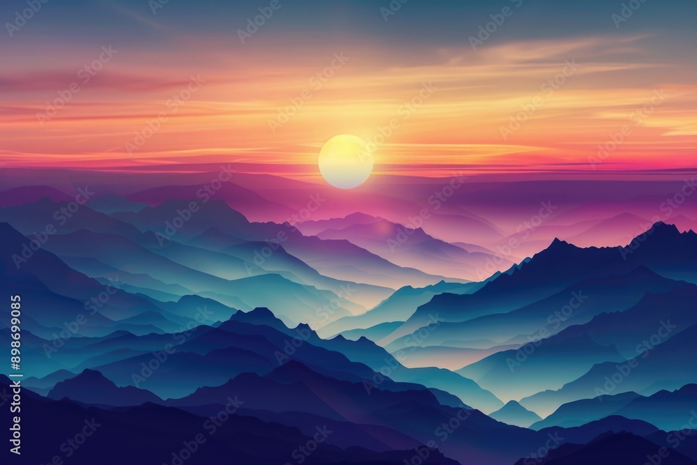 Obraz premium Sunset over a mountain range with peaks and valleys