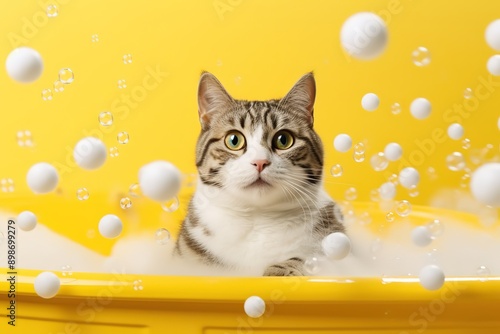 adorable photo capturing a contented cat enjoying a bubble bathup. photo