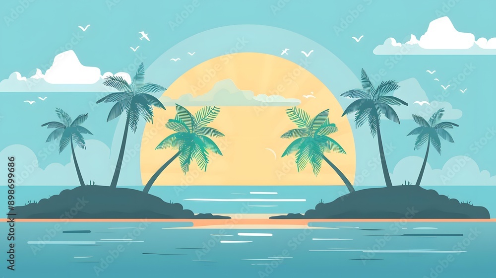 Obraz premium Tropical Sunset Beach Illustration With Palm Trees And Sun