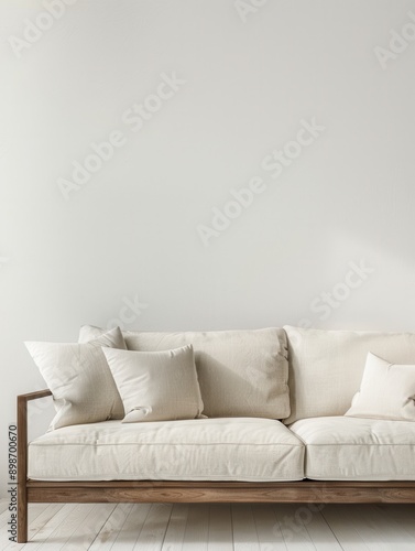 Wallpaper Mural A white sofa with a wooden frame sits against a white wall in a minimalist living room. Generative AI Torontodigital.ca