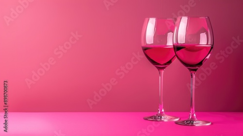 Wine glasses on bright pink background with space for text