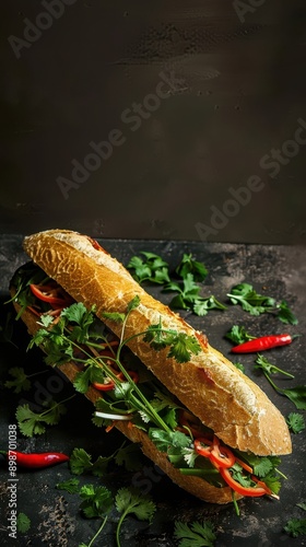 A fresh, vibrant sandwich loaded with herbs and spice, perfect for food lovers seeking flavor and culinary inspiration. photo