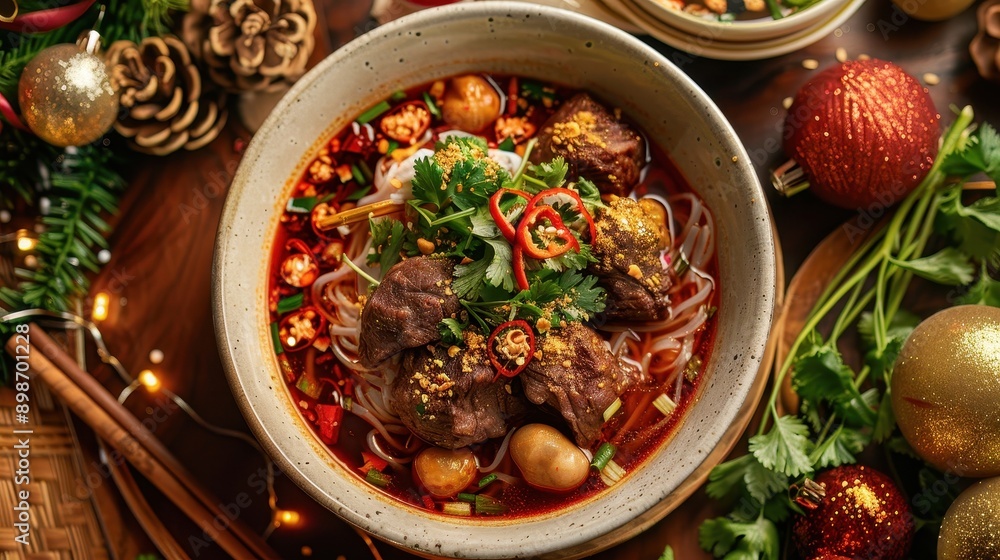 A vibrant bowl of spicy meat soup, garnished with fresh herbs and chilies, perfect for festive seasonal dining. A vibrant bowl of spicy meat soup, garnished with fresh herbs and chilies, perfect for festive seasonal dining.