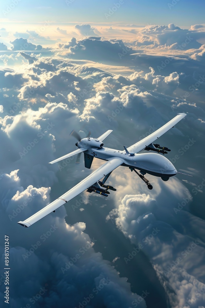 Aircraft soaring through white clouds, blue sky Aircraft soaring through white clouds, blue sky