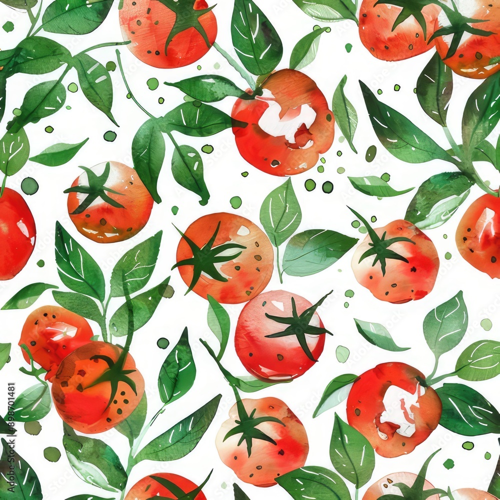 Seamless watercolor pattern of ripe tomatoes and green leaves on white Seamless watercolor pattern of ripe tomatoes and green leaves on white