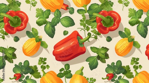 A seamless pattern filled with fresh herbs like basil, parsley, cilantro, and mint, intertwined with colorful vegetables like red bell peppers and yellow squash, on a light beige background.