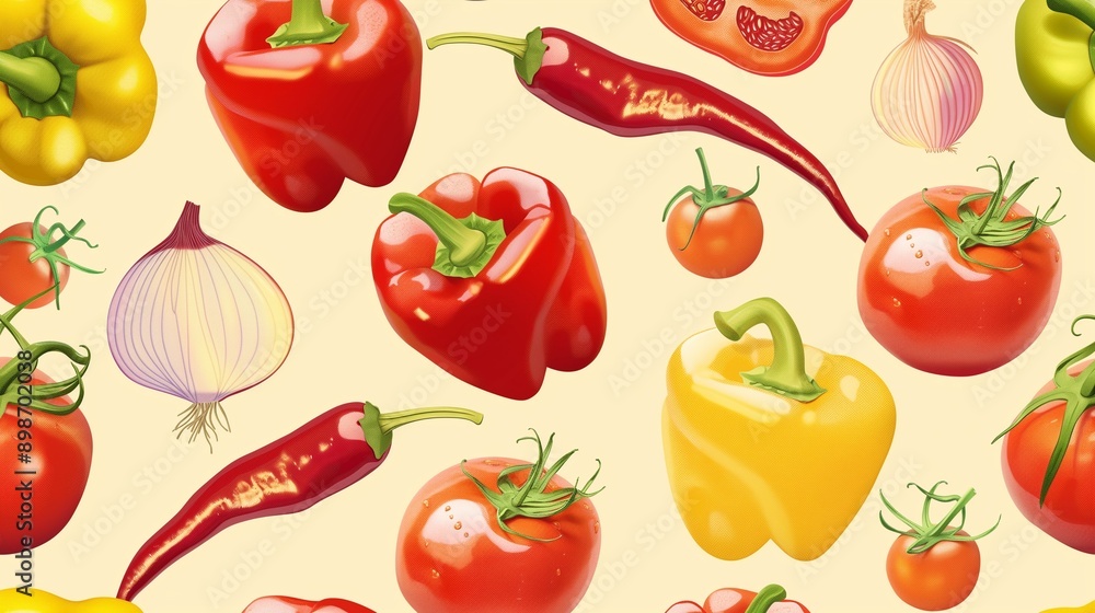 A seamless pattern showcasing vibrant bell peppers, chili peppers, tomatoes, and onions, all bursting with color and set against a pale yellow background. A seamless pattern showcasing vibrant bell peppers, chili peppers, tomatoes, and onions, all bursting with color and set against a pale yellow background.