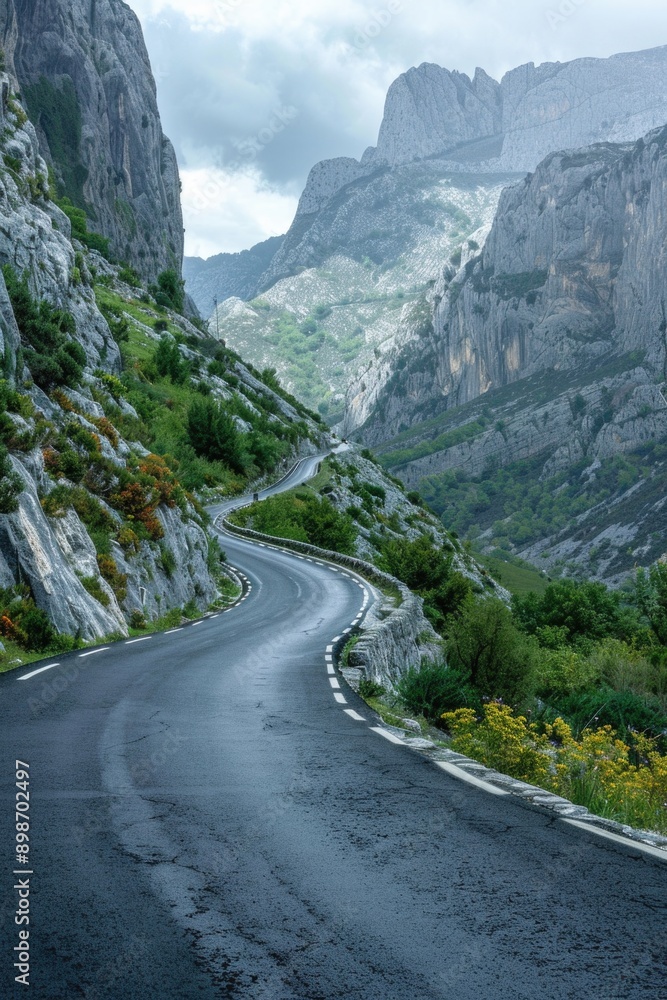 A serpentine road winds through a picturesque valley A serpentine road winds through a picturesque valley