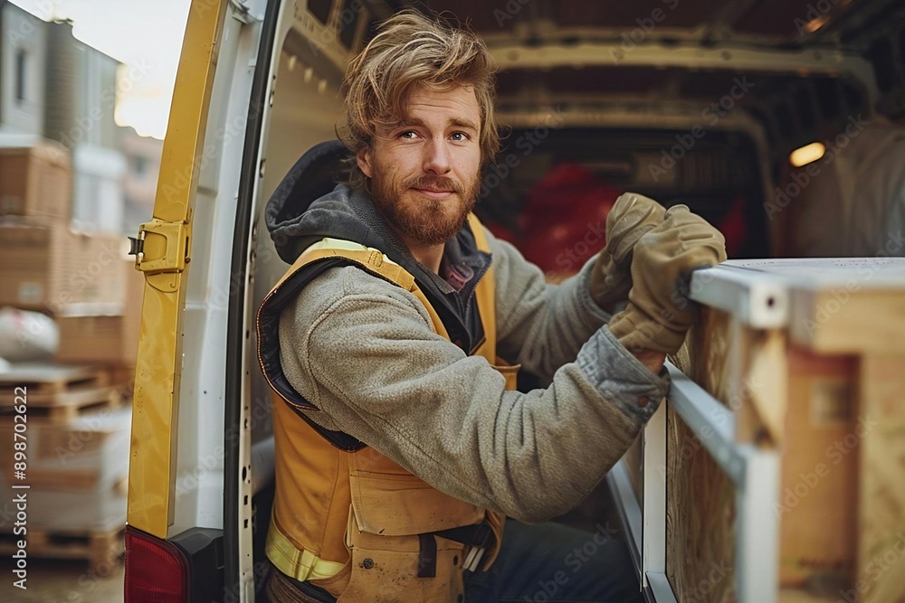 Full body photo of Caucasian male mover lifting a heavy piece of furniture into van Full body photo of Caucasian male mover lifting a heavy piece of furniture into van