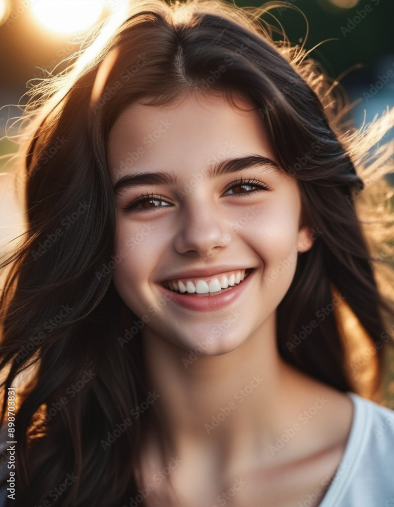 A portrait of young woman with long brown hair, smiling brightly. The sun shines on her face, highlighting her white teeth and happy expression. Brown eyes, dark skin, tousled dark hair. AI generated A portrait of young woman with long brown hair, smiling brightly. The sun shines on her face, highlighting her white teeth and happy expression. Brown eyes, dark skin, tousled dark hair. AI generated