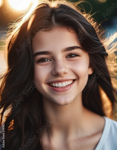 A portrait of young woman with long brown hair, smiling brightly. The sun shines on her face, highlighting her white teeth and happy expression. Brown eyes, dark skin, tousled dark hair. AI generated