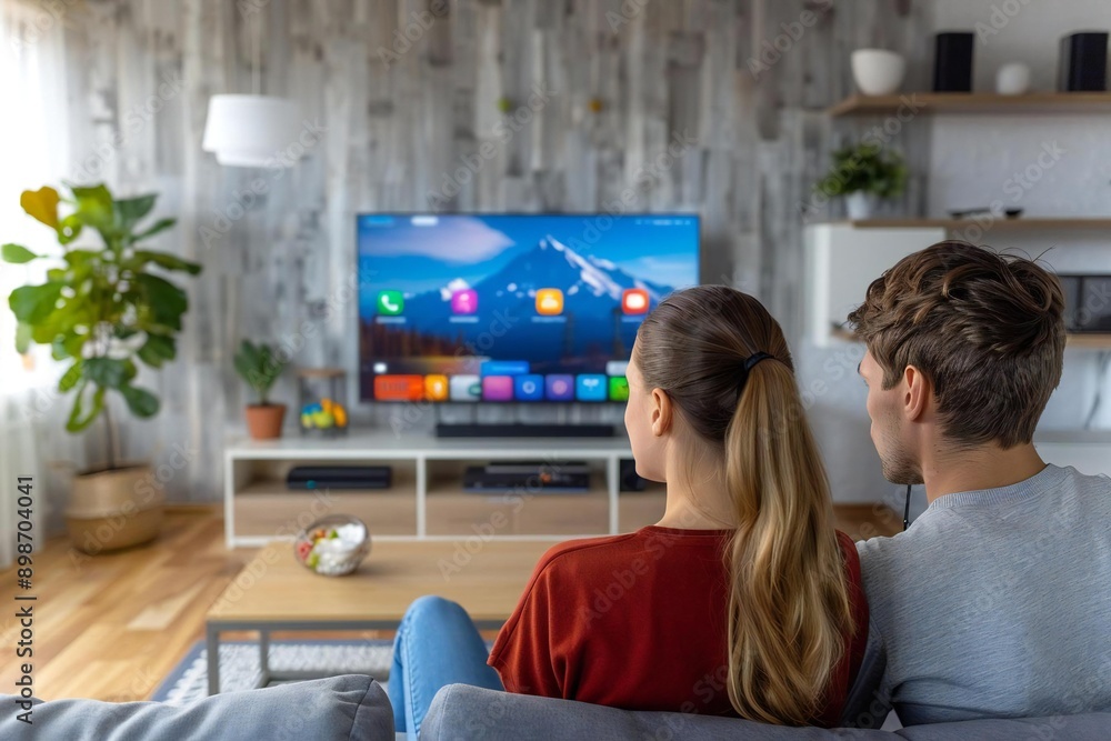 Two beautiful young people watching television showing colorful applications on the screen in their living room. Two beautiful young people watching television showing colorful applications on the screen in their living room.