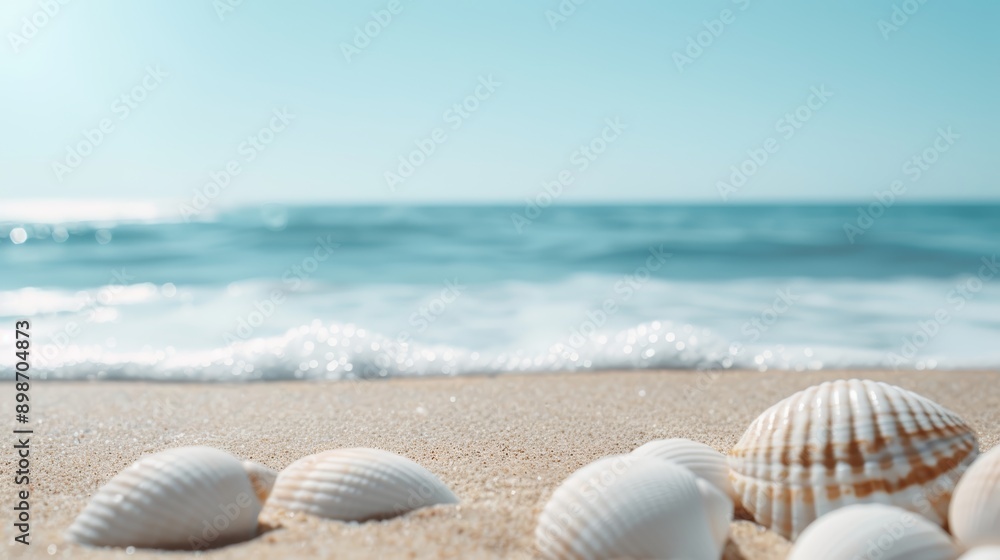 A serene beach scene featuring beautiful seashells scattered on soft sand with gentle ocean waves in the background. A serene beach scene featuring beautiful seashells scattered on soft sand with gentle ocean waves in the background.